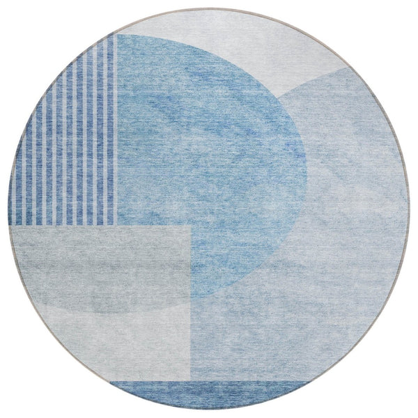 HomeRoots 5' Navy Blue and Sky Blue Geometric Area Rug - Washable, Durable Design for Indoor and Outdoor Use 8' Round 581265