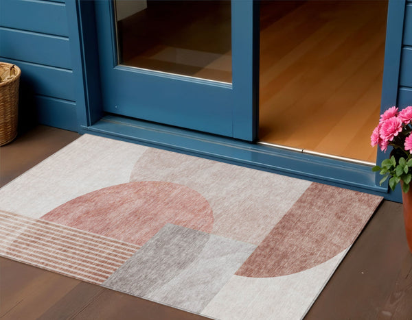 Homeroots 3' Brown Beige Ivory Geometric Indoor Outdoor Area Rug – Durable, Washable, Stylish For Any Space 3' X 5' Polyester 581269