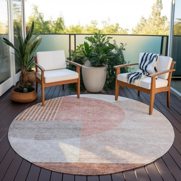 Homeroots 3' Brown Beige Ivory Geometric Indoor Outdoor Area Rug – Durable, Washable, Stylish For Any Space 8' Round Polyester 581271