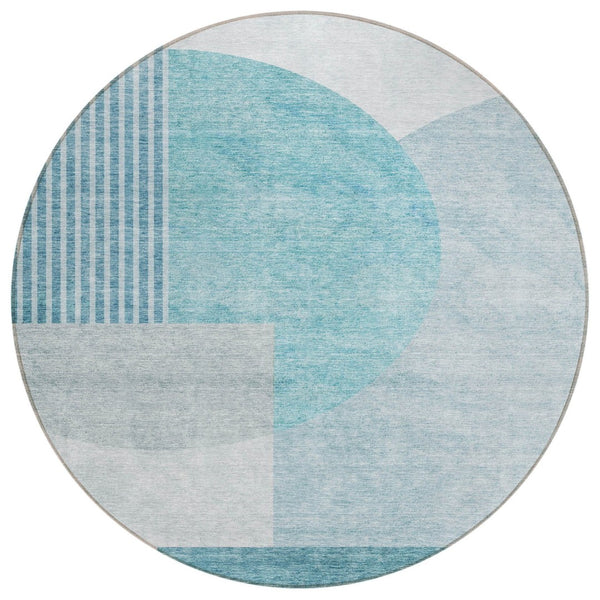 HomeRoots 5' Stylish Teal Blue and Silver Geometric Area Rug - Durable, Washable for Indoor/Outdoor Use 8' Round 581307