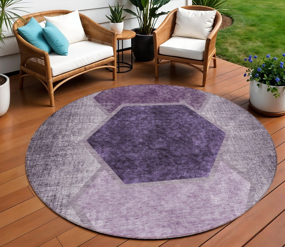 HomeRoots 5' Vibrant Eggplant Purple and Lavender Geometric Area Rug for Indoor or Outdoor Spaces, Washable 8' Round 581313