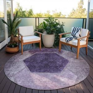 Homeroots 3' Eggplant Purple & Lavender Geometric Washable Indoor-outdoor Area Rug For Stylish Spaces 8' Round Polyester 581313
