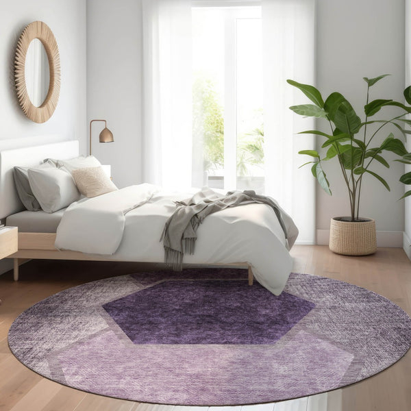 Homeroots 3' Eggplant Purple & Lavender Geometric Washable Indoor-outdoor Area Rug For Stylish Spaces 8' Round Polyester 581313