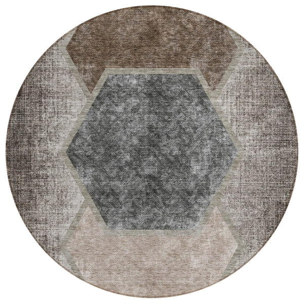 HomeRoots 5' Chocolate and Taupe Geometric Indoor Outdoor Area Rug – Durable, Washable, Modern Style for Any Space 8' Round 581319