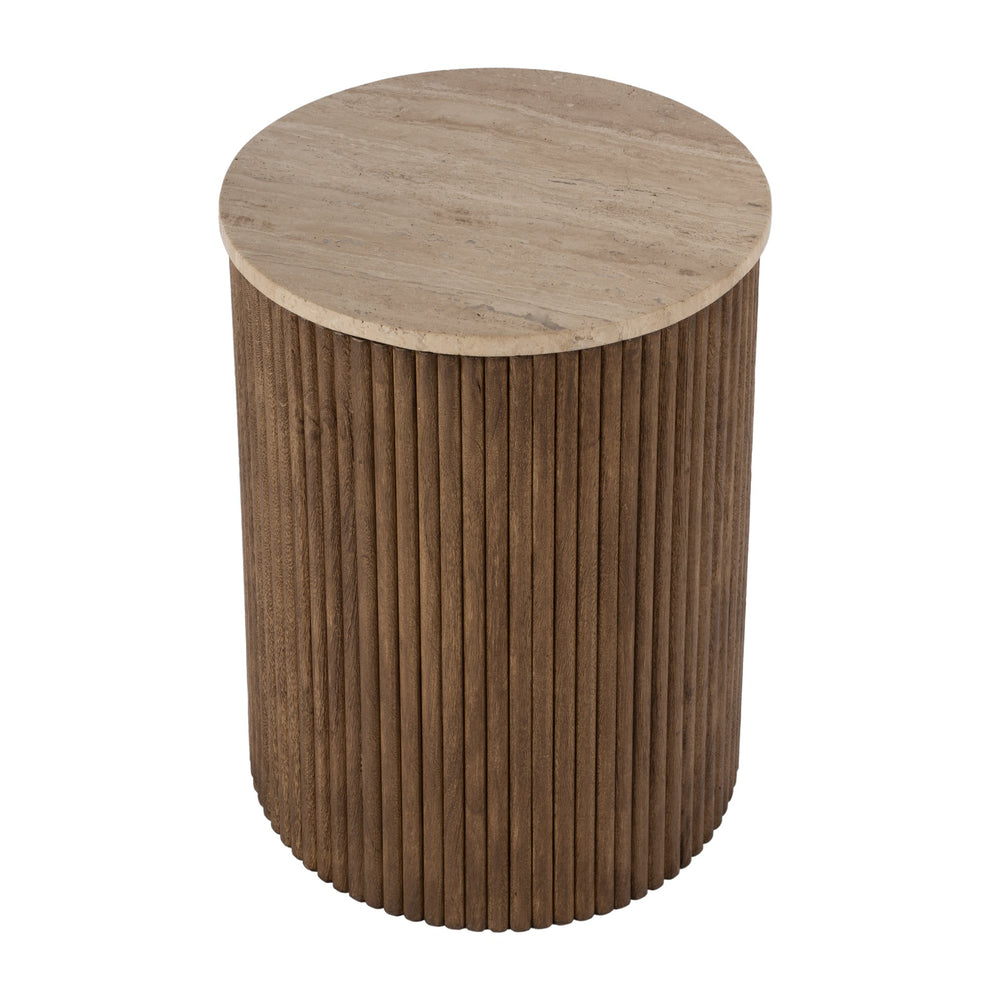 Butler Specialty Ruby Fluted Round Side Table With Elegant Travertine Top And Stylish Mango Wood Base Design Brown Mango Solids,Travertine Stone 5813312-butler
