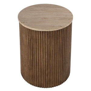 Butler Specialty Ruby Fluted Round Side Table With Elegant Travertine Top And Stylish Mango Wood Base Design Brown Mango Solids,Travertine Stone 5813312-butler