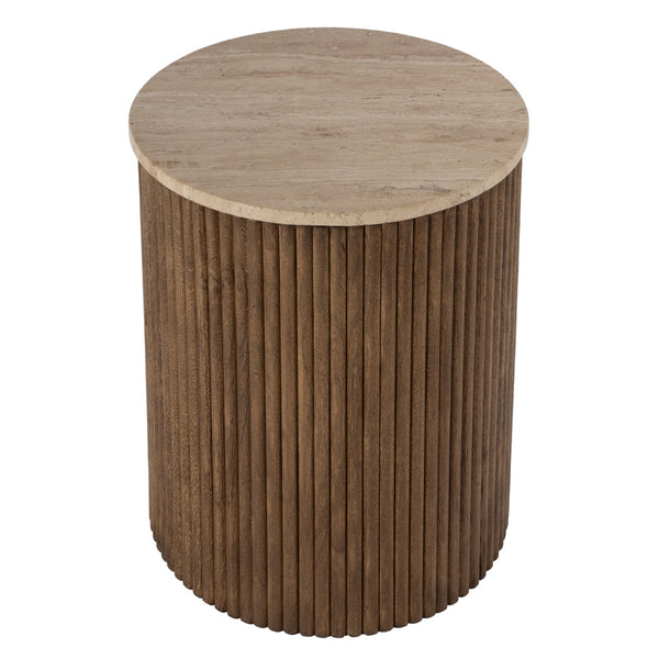 Butler Specialty Ruby Fluted Round Side Table With Elegant Travertine Top And Stylish Mango Wood Base Design Brown Mango Solids,Travertine Stone 5813312-butler