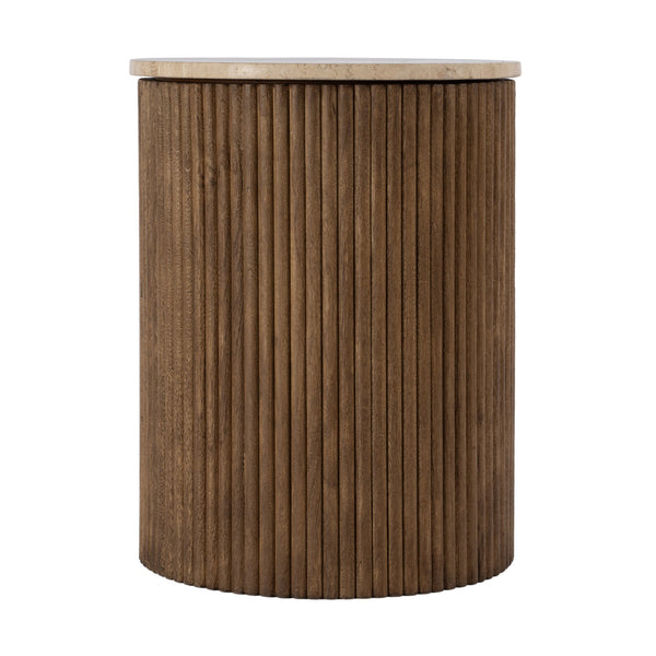 Butler Specialty Ruby Fluted Round Side Table With Elegant Travertine Top And Stylish Mango Wood Base Design Brown Mango Solids,Travertine Stone 5813312-butler