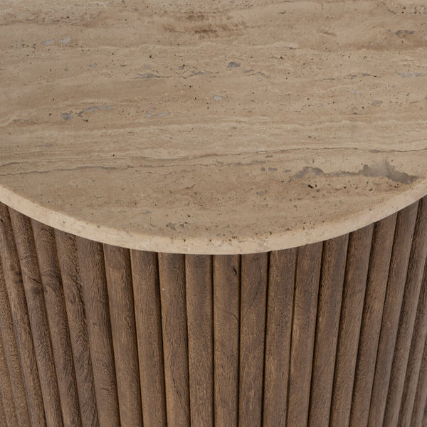 Butler Specialty Ruby Fluted Round Side Table With Elegant Travertine Top And Stylish Mango Wood Base Design Brown Mango Solids,Travertine Stone 5813312-butler