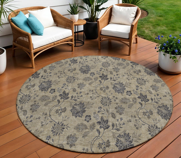 Homeroots 3' Brown Beige Chocolate Floral Rug - Washable Indoor Outdoor Area Rug For Versatile Spaces 8' Round Polyester 581349