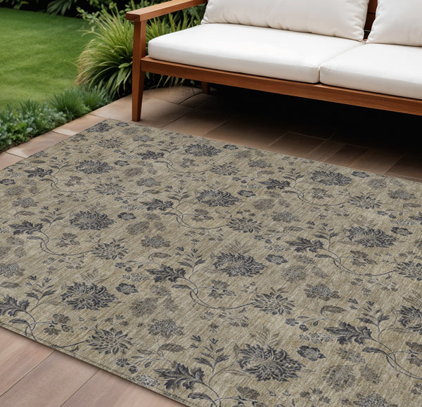 Homeroots 3' Brown Beige Chocolate Floral Rug - Washable Indoor Outdoor Area Rug For Versatile Spaces 10' X 14' Polyester 581352