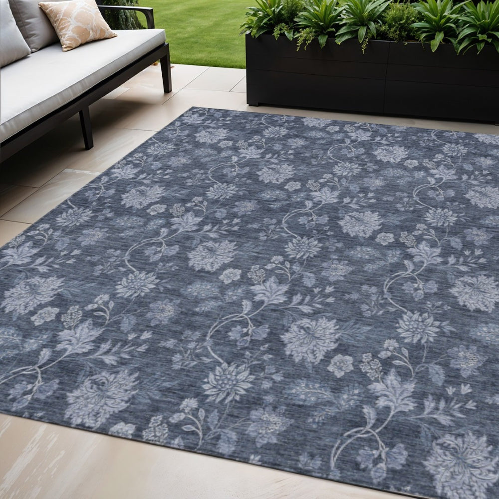 HomeRoots 5' Denim Blue Floral Indoor Outdoor Area Rug - Durable, Washable, Versatile for High-Traffic Spaces 5' X 8' 581354
