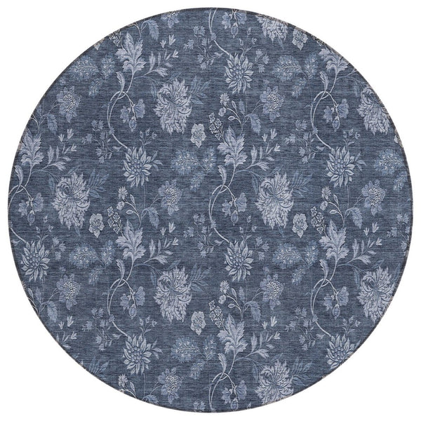 HomeRoots 5' Denim Blue Floral Indoor Outdoor Area Rug - Durable, Washable, Versatile for High-Traffic Spaces 8' Round 581355