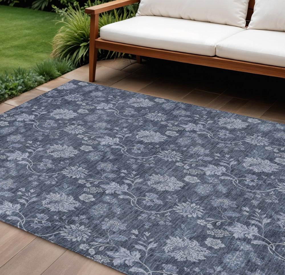HomeRoots 9' Durable Denim and Navy Floral Area Rug – Stylish, Washable for Indoor and Outdoor Use, Perfect for High-Traffic Spaces 9' X 12' 581357