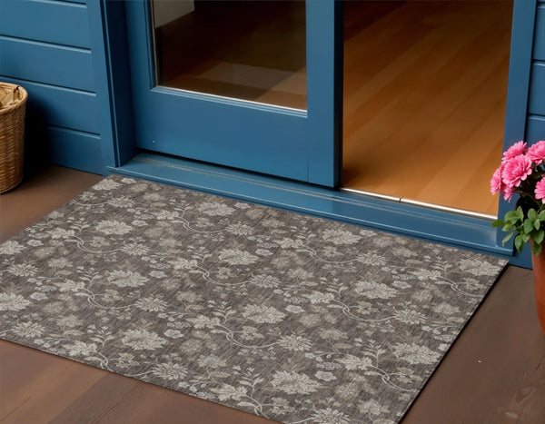Homeroots 3' Brown Beige Chocolate Floral Rug - Washable Indoor Outdoor Area Rug For Versatile Spaces 3' X 5' Polyester 581359