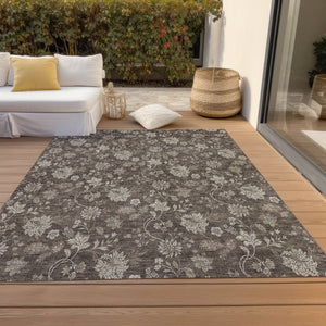 Homeroots 3' Brown Beige Chocolate Floral Rug - Washable Indoor Outdoor Area Rug For Versatile Spaces 5' X 8' Polyester 581360