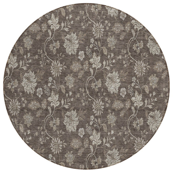 HomeRoots 5' Stylish Floral Area Rug in Chocolate, Beige & Taupe - Durable, Washable for Indoor & Outdoor Use 8' Round 581361
