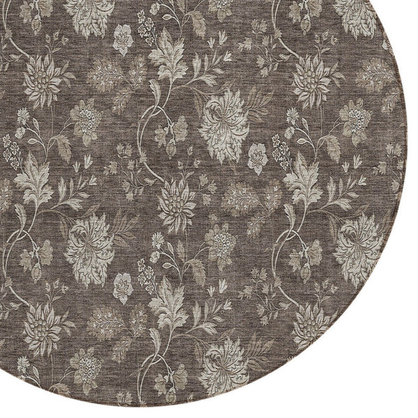 HomeRoots 5' Stylish Floral Area Rug in Chocolate, Beige & Taupe - Durable, Washable for Indoor & Outdoor Use 8' Round 581361