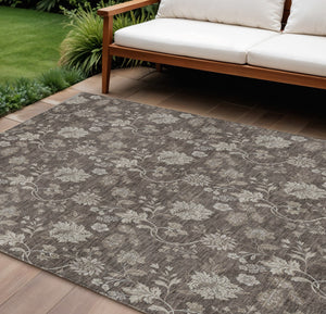 Homeroots 3' Brown Beige Chocolate Floral Rug - Washable Indoor Outdoor Area Rug For Versatile Spaces 10' X 14' Polyester 581364