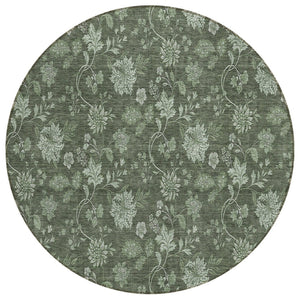 HomeRoots 5' Indoor Outdoor Floral Area Rug in Olive Green & Artichoke Green – Stain-Resistant & Washable 8' Round 581373