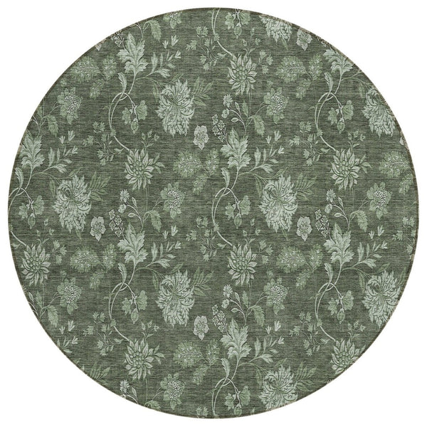 HomeRoots 5' Indoor Outdoor Floral Area Rug in Olive Green & Artichoke Green – Stain-Resistant & Washable 8' Round 581373