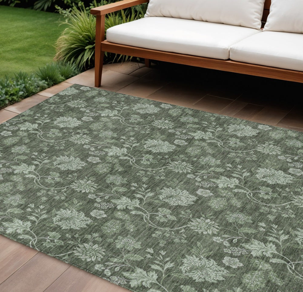 HomeRoots 9' Durable Olive Green Floral Area Rug - Washable, Versatile for Indoor & Outdoor Use, Easy Care 9' X 12' 581375