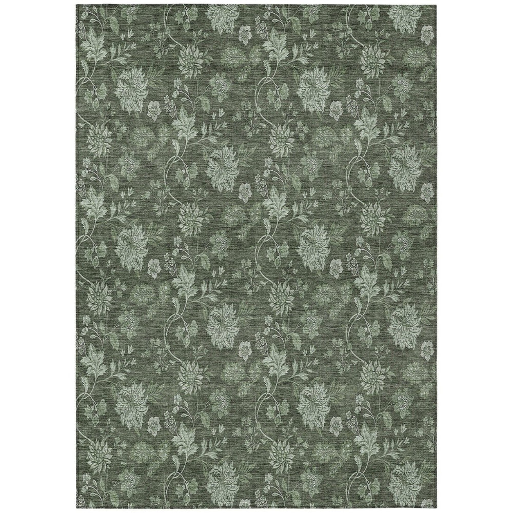 HomeRoots 9' Durable Olive Green Floral Area Rug - Washable, Versatile for Indoor & Outdoor Use, Easy Care 9' X 12' 581375