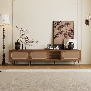 English Elm 78" Rattan TV Stand for 75-85" TVs with Glass Shelves, Solid Wood Legs, Soft-Close Doors, Walnut Finish N710P298238P