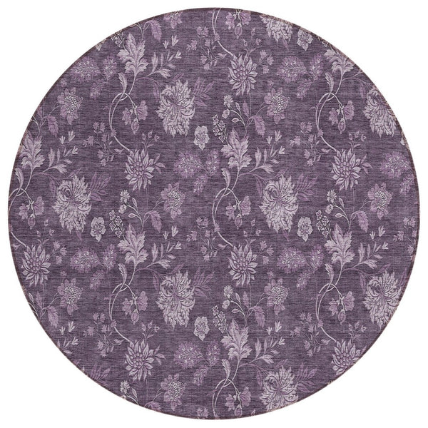 HomeRoots 5' Vibrant Floral Area Rug in Plum Purple & Lavender - Durable, Washable for Indoor & Outdoor Use 8' Round 581379