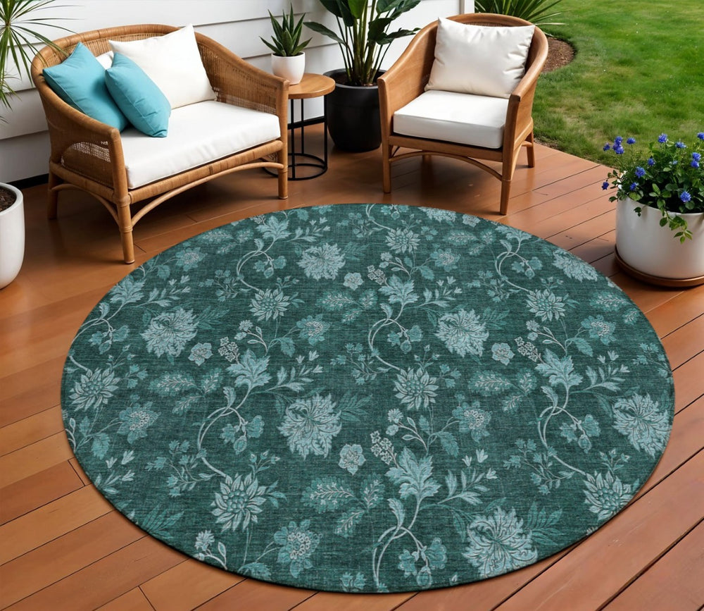HomeRoots 5' Coastal-Inspired Teal Blue Floral Area Rug for Indoor/Outdoor Use – Durable, Washable, Non-Slip Design 8' Round 581385