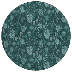 HomeRoots 5' Coastal-Inspired Teal Blue Floral Area Rug for Indoor/Outdoor Use – Durable, Washable, Non-Slip Design 8' Round 581385