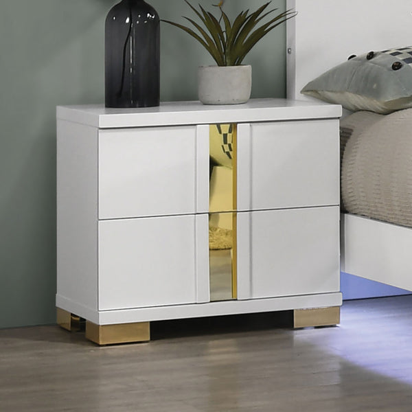 English Elm Attractive mirrored nightstand with gold handles and acrylic trim, 2-drawer bedside storage table White,White+Gold 27 L x 25 W x 19 H B011P326223