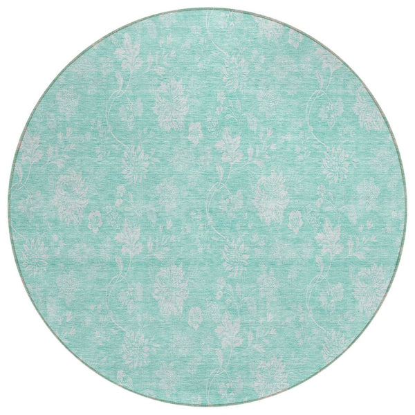 HomeRoots 5' Aqua and Ivory Floral Area Rug - Stylish, Durable, Washable for Indoor & Outdoor Spaces 8' Round 581403