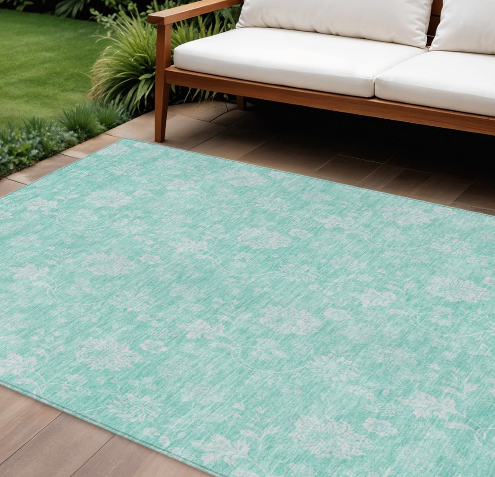 HomeRoots 5' Aqua and Ivory Floral Area Rug - Stylish, Durable, Washable for Indoor & Outdoor Spaces 10' X 14' 581406