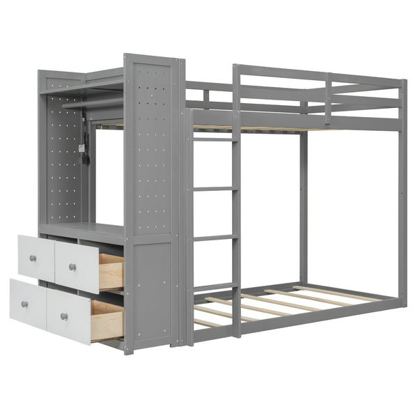 English Elm Twin Bunk Bed with Storage Drawers Hanging Rail Led Shelves and Pegboard Organizer Gray LT000282AAE