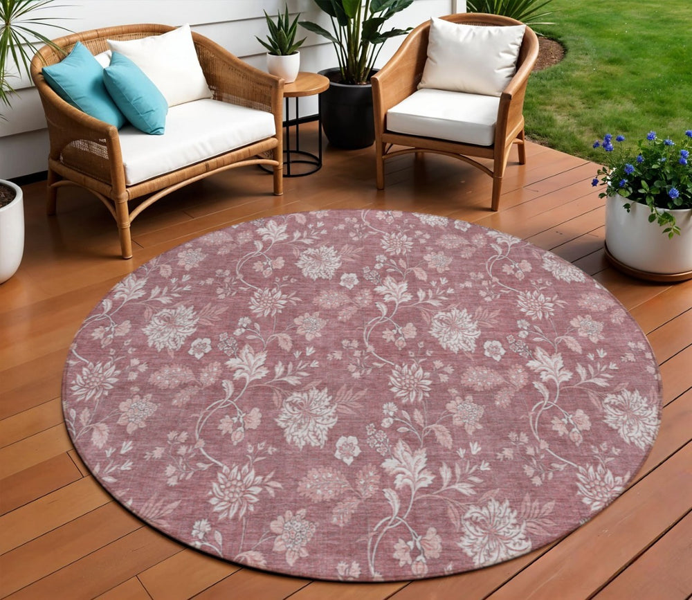 HomeRoots 5' Blush Pink and Mauve Floral Area Rug - Durable, Washable Design for Indoor and Outdoor Spaces 8' Round 581415