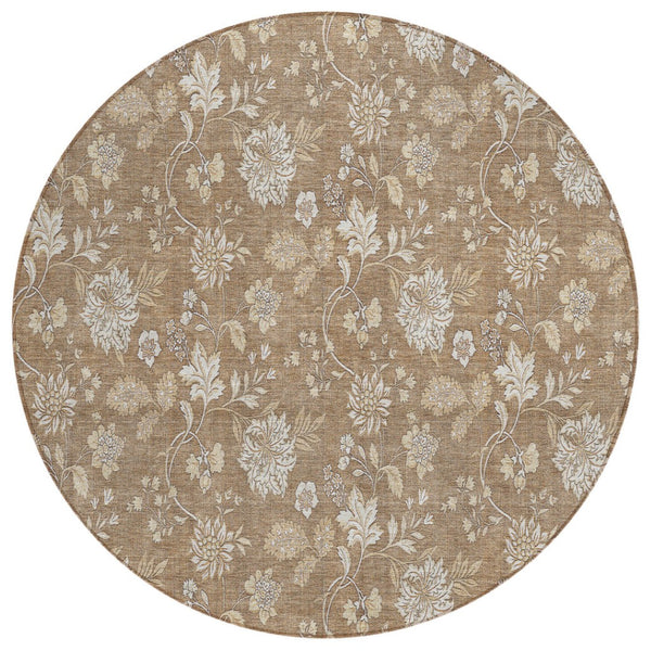 HomeRoots 5' Copper and Beige Floral Area Rug - Durable, Washable Design for Indoor and Outdoor Spaces 8' Round 581421