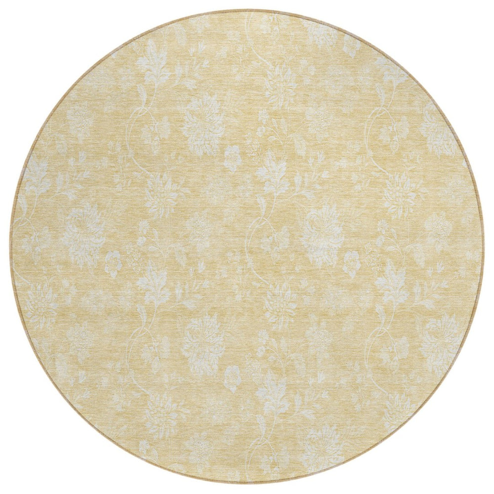 HomeRoots 5' Durable Yellow Wheat and Ivory Floral Area Rug for Indoor Outdoor Use - Washable, Stain-Resistant 8' Round 581427
