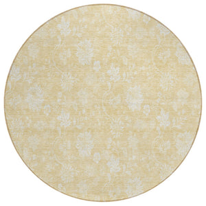 HomeRoots 5' Durable Yellow Wheat and Ivory Floral Area Rug for Indoor Outdoor Use - Washable, Stain-Resistant 8' Round 581427
