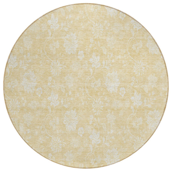 HomeRoots 5' Durable Yellow Wheat and Ivory Floral Area Rug for Indoor Outdoor Use - Washable, Stain-Resistant 8' Round 581427