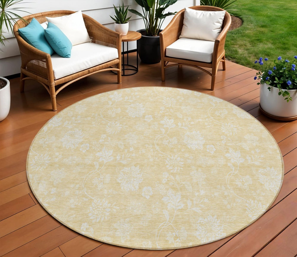 HomeRoots 5' Durable Yellow Wheat and Ivory Floral Area Rug for Indoor Outdoor Use - Washable, Stain-Resistant 8' Round 581427