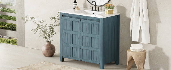 English Elm 36" Bathroom Vanity Organizer with Ceramic Sink, Solid Wood Distressed Finish, Hand-Painted Charm and Ample Storage Retro Blue N729P255666C