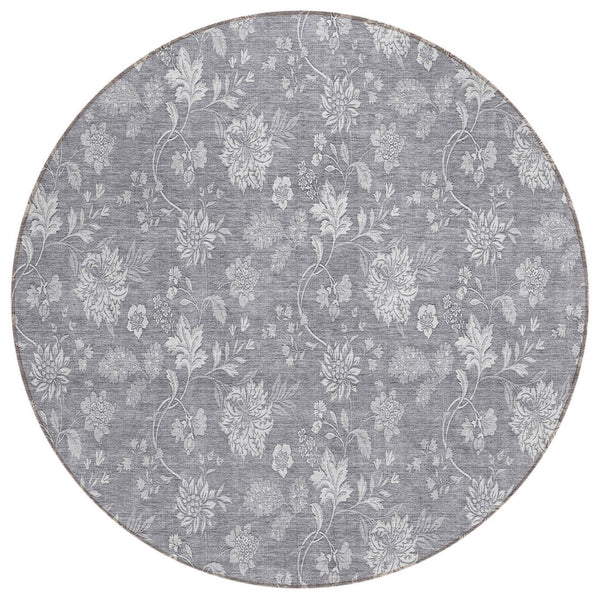 HomeRoots 5' Elegant Gray Silver and Ivory Floral Washable Area Rug for Indoor and Outdoor Living Spaces 8' Round 581451