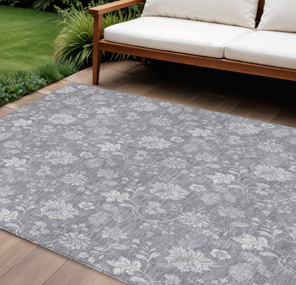 HomeRoots 9' Gray Silver and Ivory Floral Area Rug - Durable, Washable Design for Indoor and Outdoor Use 9' X 12' 581453