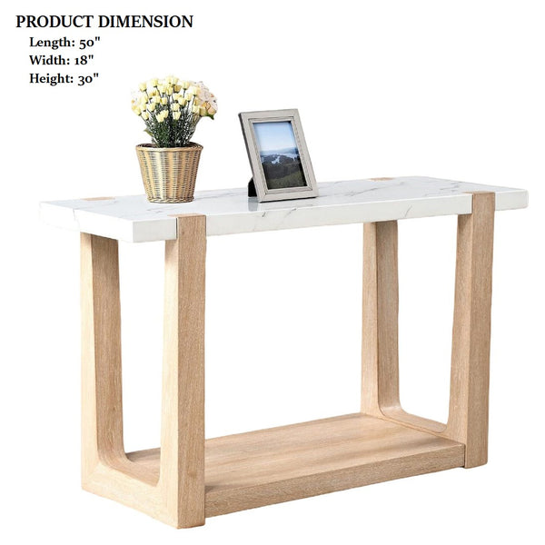 English Elm 1pc Sofa Table Faux Marble Top Two-Tone Design Contemporary Accent Console with Sleek Storage Appeal and Modern Flair Natural,White 54 L x 22 W x 14 H B2741P402820