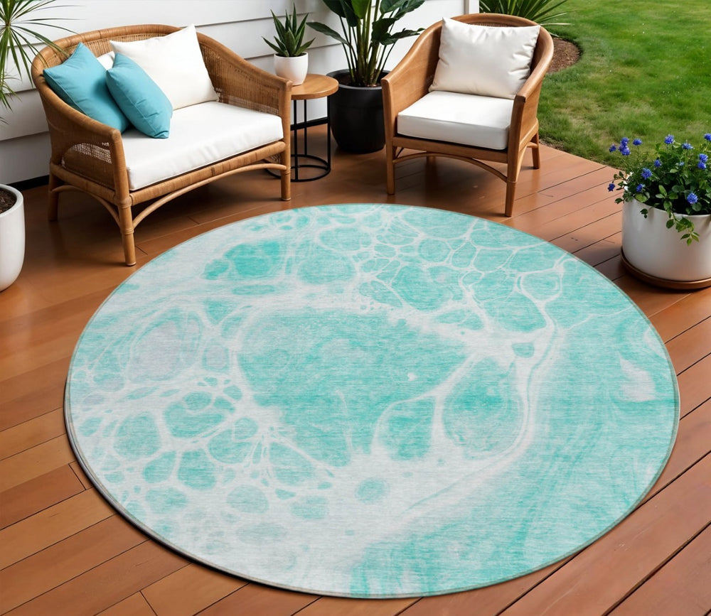 HomeRoots 5' Aqua Teal Blue and Ivory Nautical Area Rug - Durable, Washable for Indoor and Outdoor Spaces 8' Round 581463
