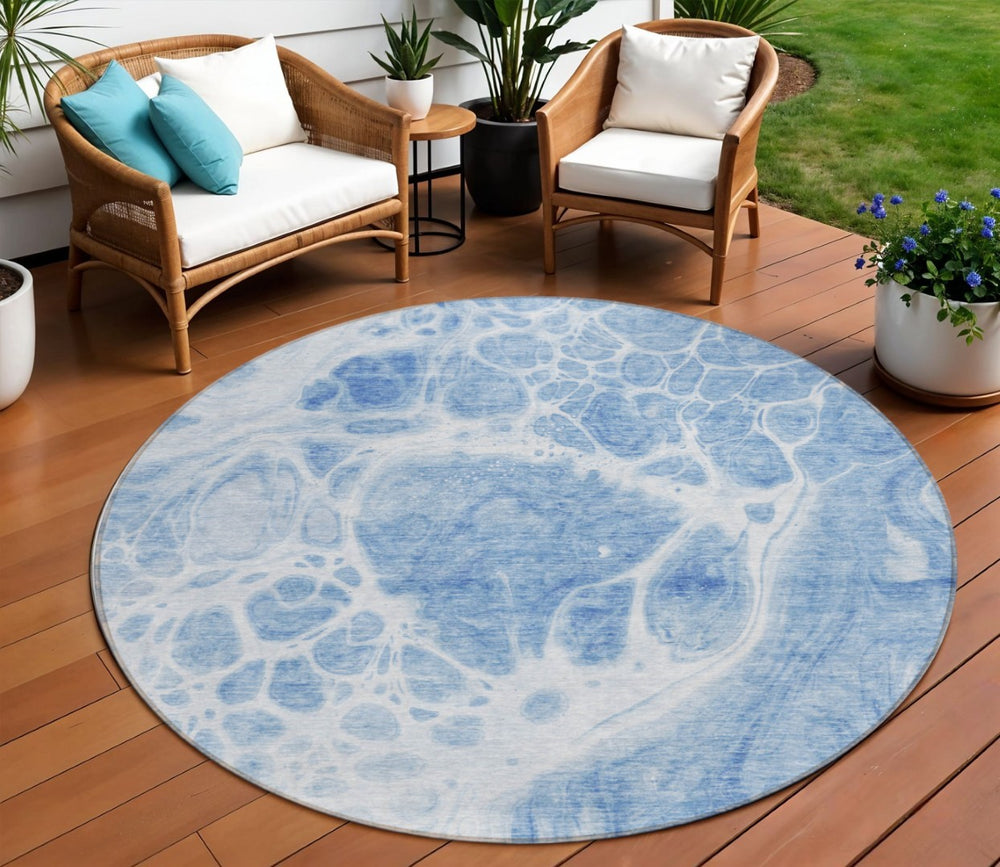 HomeRoots 5' Nautical Sky Blue and Denim Blue Indoor Outdoor Area Rug - Durable, Washable, Perfect for Home 8' Round 581499