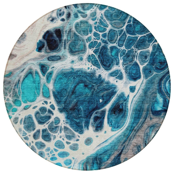 HomeRoots 5' Nautical Indoor Outdoor Area Rug in Teal and Navy – Stylish, Durable for High-Traffic Spaces 8' Round 581511