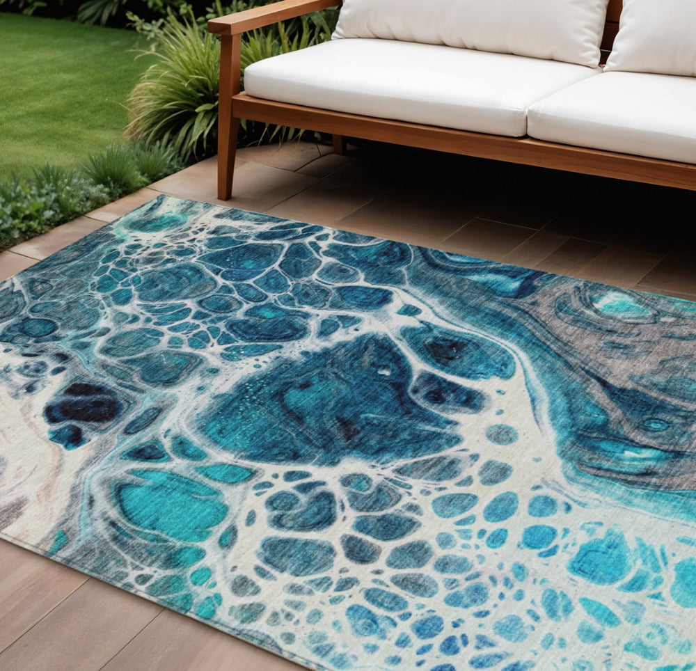 HomeRoots 5' Nautical Indoor Outdoor Area Rug in Teal and Navy – Stylish, Durable for High-Traffic Spaces 10' X 14' 581514