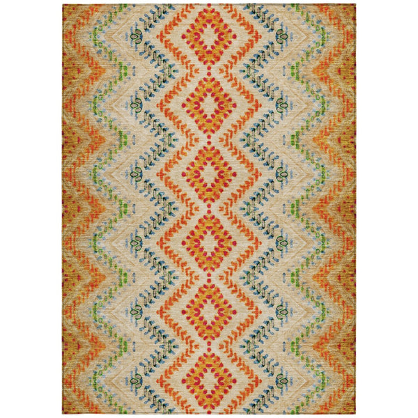 Homeroots 3' Geometric Beige Orange And Red Washable Area Rug For Indoor And Outdoor Spaces, Durable Design 3' X 5' Polyester 581521